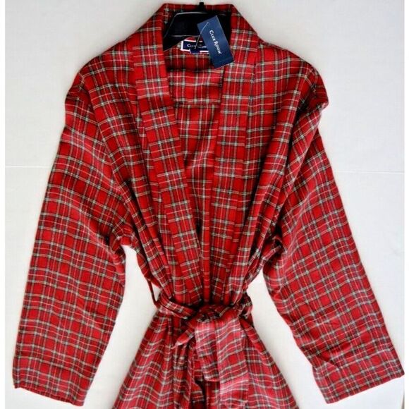 Club Room 10013203100 Men's Sz S/M Red Navy Plaid Plush Flannel Lounge Robe $60 - Picture 5 of 8